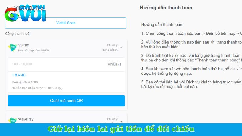 Hướng dẫn nạp tiền GVUI - Cập nhật quy trình thanh toán 3 Giữ lại biên lai gửi tiền để đối chiếu